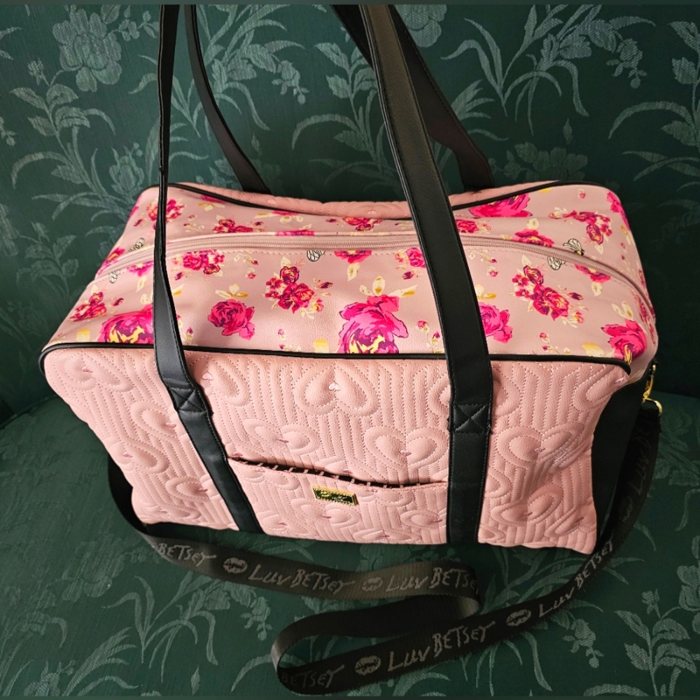 Betsey Johnson Pink Quilted Floral Travel Bag with Black Straps